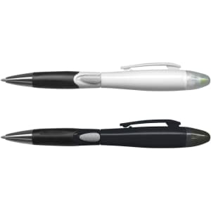 A plastic pen set featuring a white pen and a black pen, both with a sleek design and silver accents.