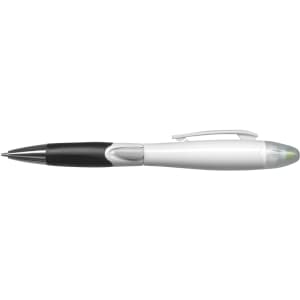 A plastic pen in white and black, featuring a clear top and a clip for easy carrying. It has a logo on the body.