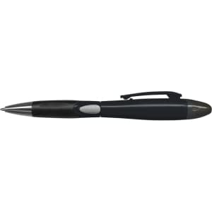 A plastic pen named Blossom Pen, featuring a sleek black design with silver accents and a comfortable grip.