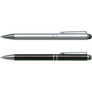 A metal stylus pen set featuring a silver pen and a black pen, each with a sleek design and clip.