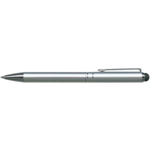A metal stylus pen with a sleek silver design and a black tip for touchscreen use.