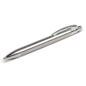 A metal pen with a sleek silver finish and a textured grip. Features a clip and a logo on the body.
