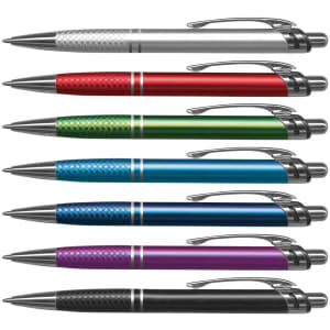 A collection of metal pens in white, red, green, blue, purple, and black, featuring a shiny finish and a logo.