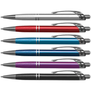 A collection of six metal pens in silver, red, blue, purple, and black, featuring different textures and a logo.