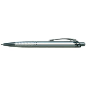 A metal pen with a sleek silver design and a textured grip.