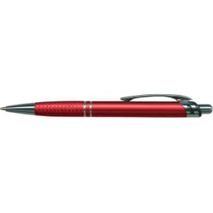 A sleek red metal pen featuring a textured grip and chrome accents.