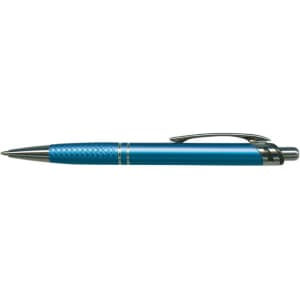 A metal pen in a vibrant blue finish featuring a textured grip and a sleek clip.