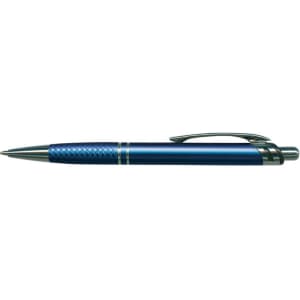 A metal pen in a sleek blue design with a textured grip and a silver clip.