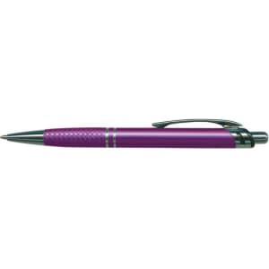 A metal pen in a vibrant purple color with a textured grip and polished accents.