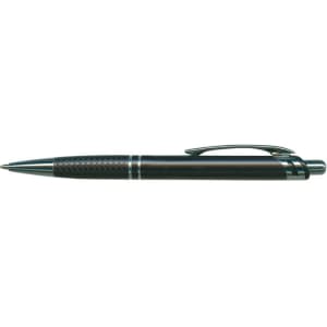 A metal pen with a sleek black finish and a textured grip, featuring a shiny silver clip and accents.