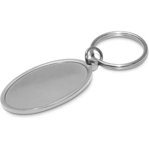 A sleek metal key ring in an oval shape, featuring a smooth, reflective surface.