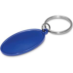 A blue oval-shaped key ring with a shiny silver metal ring for attachment.