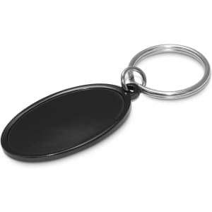 A black oval key ring with a shiny silver metal ring.