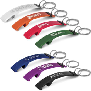 A drink bottle opener key ring set in various colours, featuring a metal ring and multiple branding logos.
