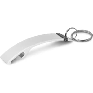 A drink bottle opener key ring with a sleek silver design, featuring a metal opener and a key ring attachment.