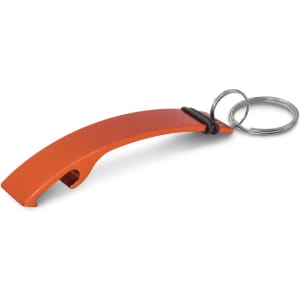 A drink bottle opener key ring in bright orange, featuring a curved design and a metal key ring attachment.