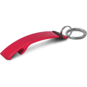 A drink bottle opener key ring in a bright red color, featuring a sleek curved design and attached to a silver key ring.