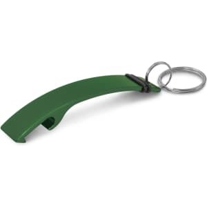 A drink bottle opener key ring in a vibrant green color, featuring a sleek design with a key ring attachment.