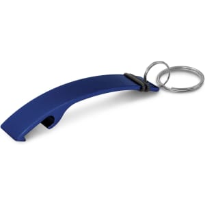 A drink bottle opener key ring in a sleek blue colour, featuring a silver metal key ring attachment.