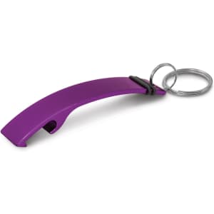 A drink bottle opener key ring in vibrant purple, featuring a sleek, curved design with a keyring attachment.