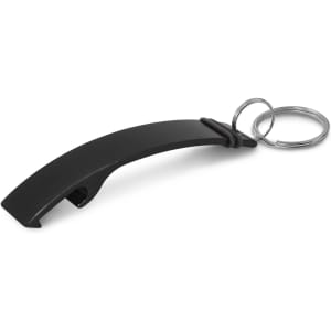 A drink bottle opener key ring with a sleek black design and attached key ring.