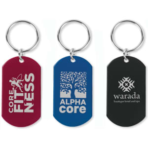 Three key rings in maroon, blue, and black, each featuring different logos on a rectangular design.