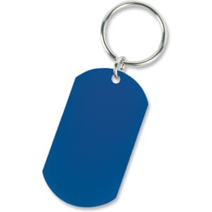 A blue key ring with a rounded rectangular tag, attached to a metal keyring. It features a simple design with no text.
