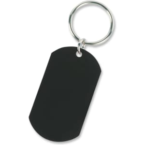 A black key ring with a rectangular tag design. The tag is attached to a metal keychain ring.