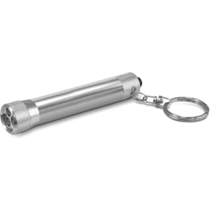 A silver torch key ring with a keychain attachment, featuring a sleek design and textured grip.