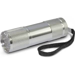 A compact silver torch with a textured grip and a wrist strap.