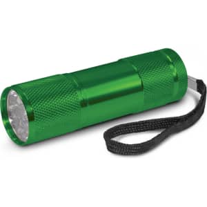 A green LED torch with a textured surface and a wrist strap, designed for portability.