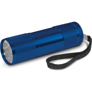A compact blue torch with a textured body and a wrist strap.