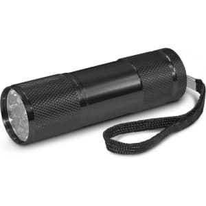 A compact black torch with a textured surface and a wrist strap. The front features a cluster of LED lights.