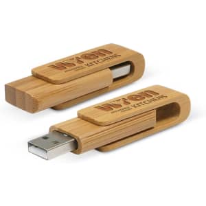 A Bamboo 4GB Flash Drive featuring a sleek design with a wooden casing and a sliding mechanism for the USB connector.