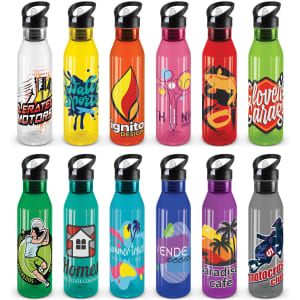 A drink bottle collection featuring various translucent colours including yellow, orange, pink, green, and blue. Each bottle has a logo.