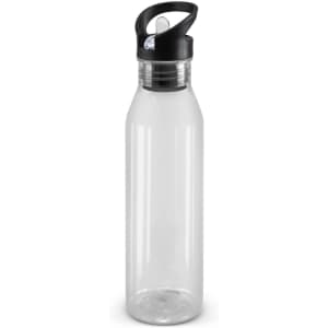 A drink bottle in translucent design with a black lid and spout, featuring a circular base and a logo.