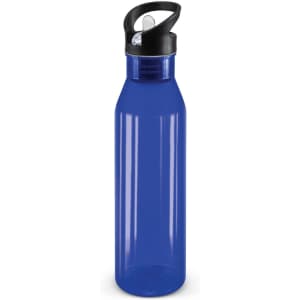 A drink bottle in a translucent blue design with a black lid and flip-top spout.
