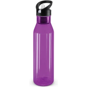 A drink bottle in a translucent purple color with a black cap and a flip-top lid.