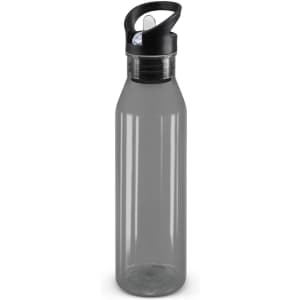 A drink bottle with a translucent gray body and a black screw-on lid featuring a spout.