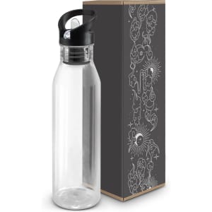 A drink bottle in translucent plastic with a black lid, presented alongside a decorative box.