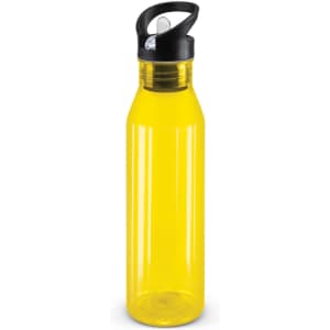 A drink bottle in translucent yellow with a black lid and spout, featuring a logo.