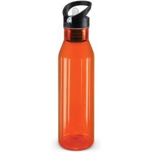 A drink bottle in a translucent orange color with a black lid and flip-top spout.