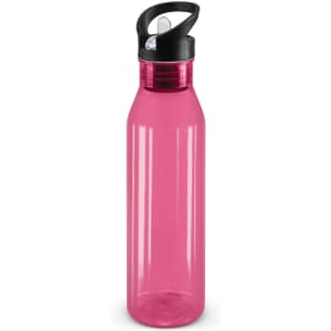 A drink bottle in a translucent pink color with a black flip-top lid.
