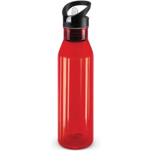 A drink bottle with a translucent red body and black lid.