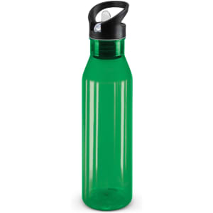 A drink bottle in a translucent green color with a black cap and spout for easy pouring.
