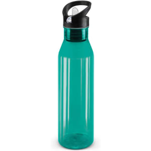 A drink bottle in a translucent teal color with a black lid and spout.