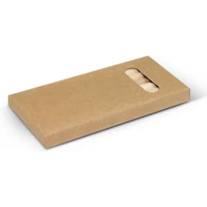 A pack of coloured pencils in a simple kraft paper box, featuring a cut-out window to display the pencils inside.