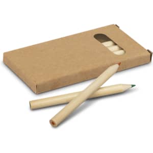 A pack of coloured pencils in a cardboard box, featuring green and red pencils alongside the box.