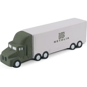 A green and white stress truck, featuring a branding logo, designed for stress relief and sensory engagement.
