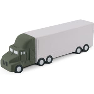 A stress truck toy in green and white, resembling a large transport vehicle, with six wheels and a simple design.